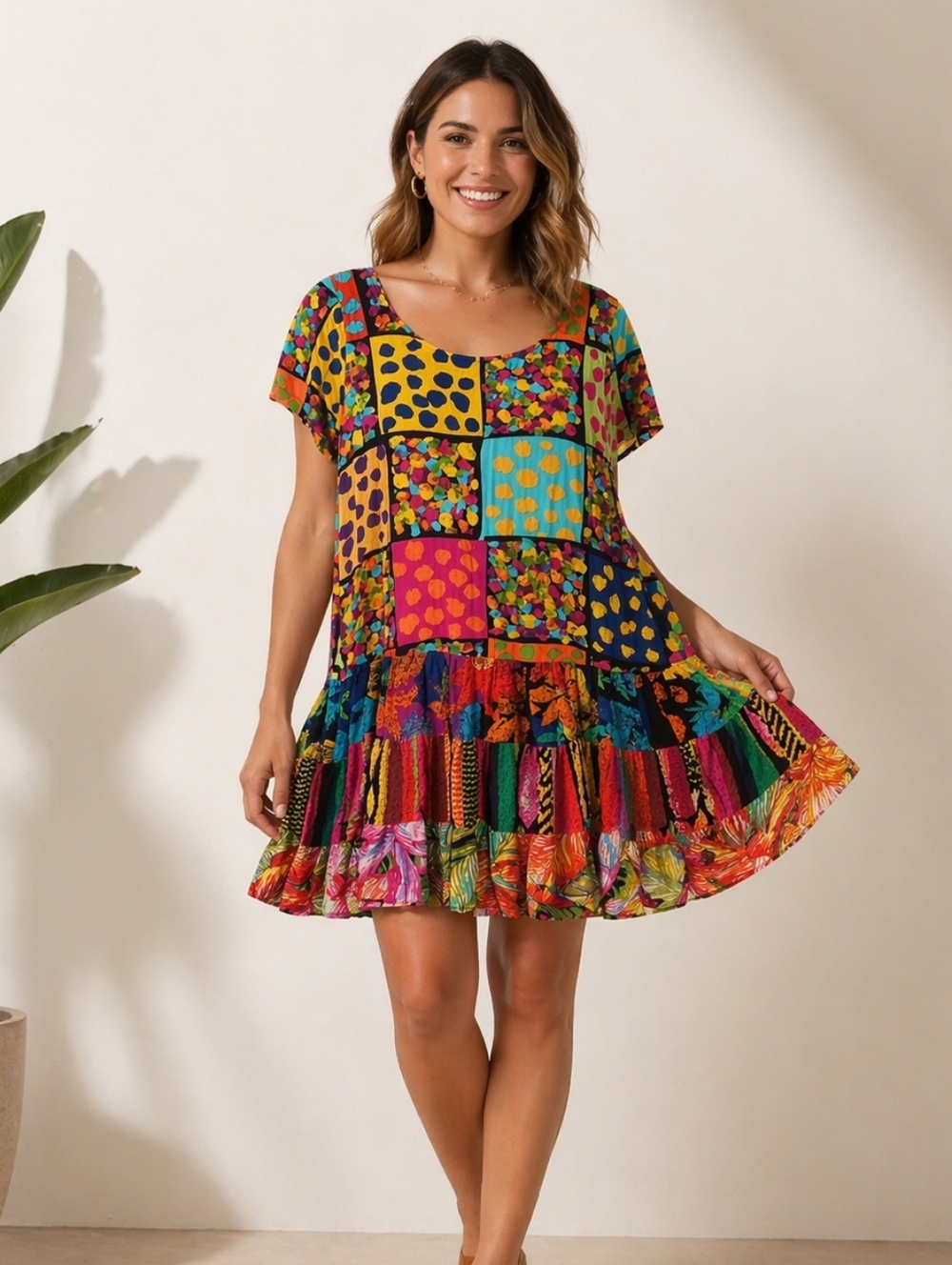 Vintage Jams World Hattie Dress Patchwork Print Drop Waist Tiered Medium 90s Y2k